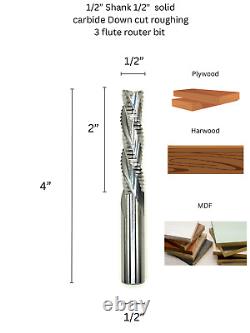 1/2 Solid Carbide 3-Flute Router Bit Roughing for Wood, MDF, and Plywood