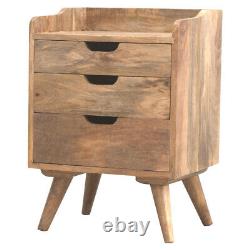 100% Solid Wood Bedside Table 3 Cut Out Drawers Natural Oak Finish Handmade
