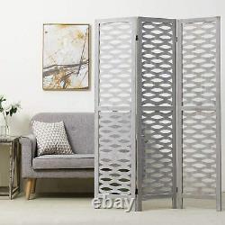 3-Panel Vintage Gray Cut-Out Lattice Design Wood Frame Room Divider with Hinges