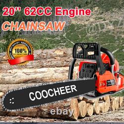 62cc Gas Powered Chainsaw 20'' 2 Stroke Cutting Wood Gasoline Chain Saw+2 Chains