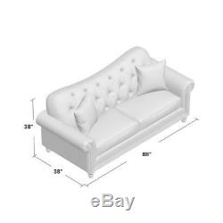 Beige Sofa Tufted Wood Trimmed Linen Upholstered Couch Living Room Furniture