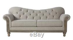 Beige Sofa Tufted Wood Trimmed Linen Upholstered Couch Living Room Furniture