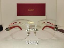 Cartier Iced Out C Decor Red Wood Sunglasses Diamond Cut Clear Lens