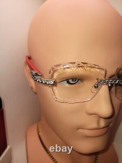 Cartier Iced Out C Decor Red Wood Sunglasses Diamond Cut Clear Lens