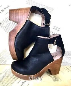 Free People Amber Orchard Boot Clog Black Leather Ankle Buckle Cut Out 38 /8 NEW