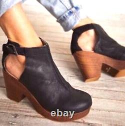 Free People Amber Orchard Boot Clog Black Leather Ankle Buckle Cut Out 38 /8 NEW