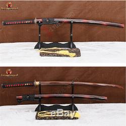 Full Tang Handmade Samurai Sword Katana Red Folded Steel Sharp Blade Cut Tree