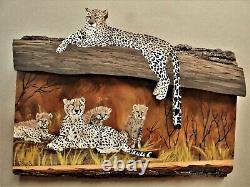 Hand Painted Cheetah Wood Cut-Out & Family On Live Edge Basswood By Phyllis