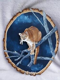 Hand Painted Night Mountain Lion Wood Cut-Out On Live Edge Basswood By Phyllis