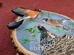 Hand Painted Robin Wood Cut-Out On Live Edge Basswood By Phyllis
