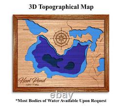 Hoel Pond New York 3D laser cut wood lake map. Lake house wall decor