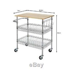 Kitchen Cart on Wheels Rolling Microwave Cutting Station Chrome Rubber Wood Top
