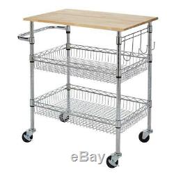 Kitchen Cart on Wheels Rolling Microwave Cutting Station Chrome Rubber Wood Top