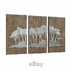 Large Rustic Wood Panels Laser Cut Iron Burnished Silver Modern Tree Wall Art