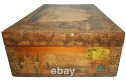 Mid-late 19th C American Folk Art Antique Schoolgirl Decoupage Decorated Wdn Box