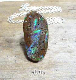Natural Boulder Opal WOOD REPLACEMENT FOSSIL OPAL & (925) Sterling Silver Chain