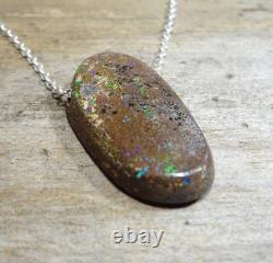 Natural Boulder Opal WOOD REPLACEMENT FOSSIL OPAL & (925) Sterling Silver Chain