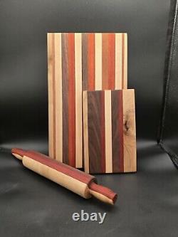 New Custom Handcrafted Natural Wood Butcher Block Cutting Board Rolling Pin Set