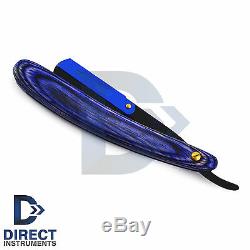 Professional Blue Wood Barber Hair Shaving Razor Straight Blade Folding Knife CE