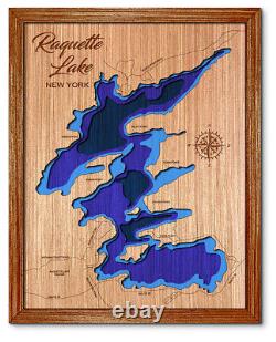 Raquette Lake New York 3D laser cut wood lake map. Lake house decor