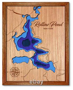 Rollins Pond New York 3D laser cut wood lake map. Lake house decor