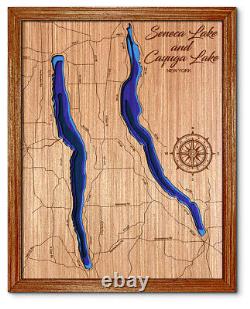 Seneca & Cayuga Lake New York 3D laser cut wood lake map. Lake house decor