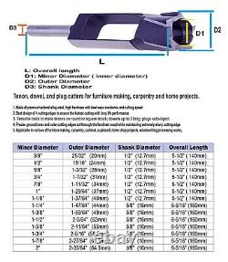 Tenon Dowel Plug Cutter 5Pcs Set 3/8 1/2 5/8 3/4 1 Wood Dowel Marker Drill