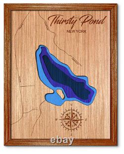 Thirsty Pond New York 3D laser cut wood lake map. Lake house decor