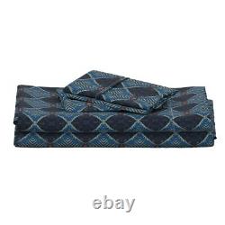 Wood Cut Blue Art Deco Geometric Grain 100% Cotton Sateen Sheet Set by Roostery