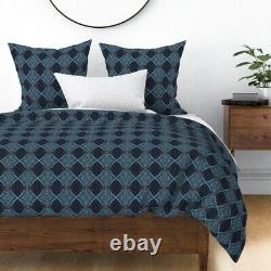 Wood Cut Blue Art Deco Geometric Grain Worldly Sateen Duvet Cover by Roostery