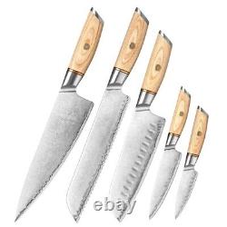 XINZUO 5Pcs B37 Damascus Steel Knife Set 73 Layers 62-64 HRC Olive Wood Handle