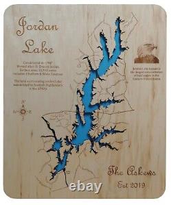 Art mural en bois découpé au laser de Jordan Lake, Caroline du Nord, fabriqué sur commande