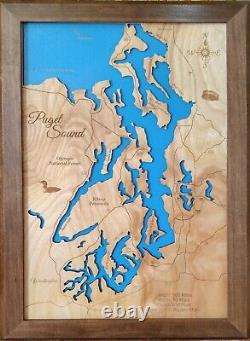 Carte côtière de Puget Sound, WA - Découpe laser en bois, art mural sur commande