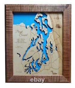 Carte côtière de Puget Sound, WA - Découpe laser en bois, art mural sur commande