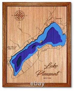 Carte de lac en bois découpée au laser 3D de Lake Pleasant, New York. Décoration murale de maison au bord du lac.