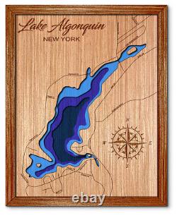 Carte de lac en bois découpée au laser en 3D du lac Algonquin, New York. Décoration murale pour maison au lac.