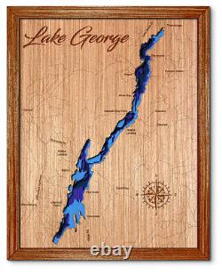 Carte du lac George, New York, en bois découpé au laser en 3D. Décor mural de maison au bord du lac.