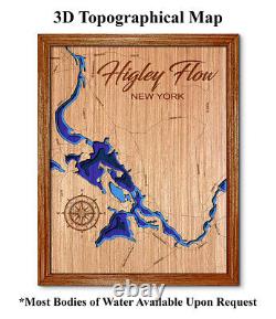 Carte du lac Higley Flow de New York en bois découpé au laser en 3D. Décoration murale pour maison au bord du lac.