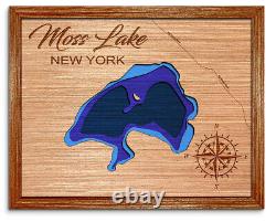 Carte du lac Moss, New York en bois découpé au laser en 3D. Décoration de maison au bord du lac.