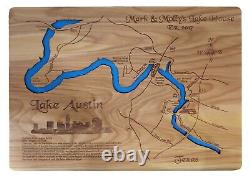 Carte en bois découpée au laser de Lake Austin, TX, art mural sur commande