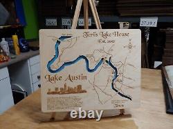 Carte en bois découpée au laser de Lake Austin, TX, art mural sur commande