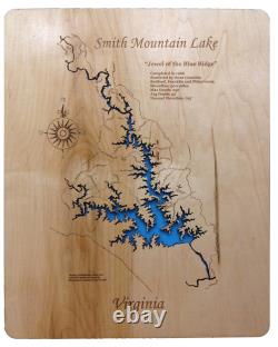 Carte en bois découpée au laser de Smith Mountain Lake, VA - Art mural sur commande