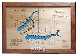 Carte en bois découpée au laser du lac Camelot, WI, fabriquée sur commande