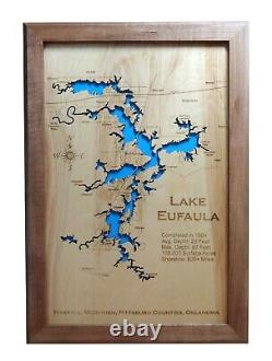 Carte en bois découpée au laser du lac Eufaula, OK - Art mural fait sur commande