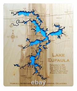 Carte en bois découpée au laser du lac Eufaula, OK - Art mural fait sur commande