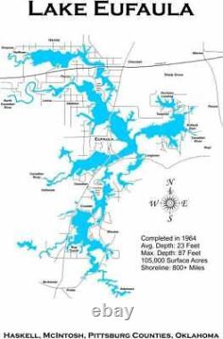 Carte en bois découpée au laser du lac Eufaula, OK - Art mural fait sur commande