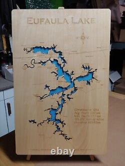 Carte en bois découpée au laser du lac Eufaula, OK - Art mural fait sur commande