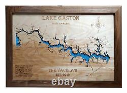 Carte en bois découpée au laser du lac Gaston, en Caroline du Nord, fabriquée sur commande