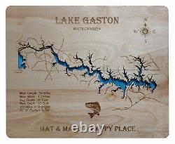 Carte en bois découpée au laser du lac Gaston, en Caroline du Nord, fabriquée sur commande