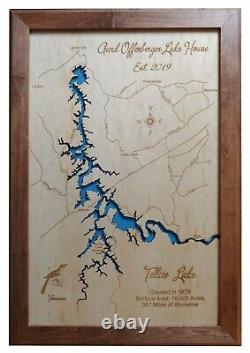 Carte en bois découpée au laser du lac Tellico, TN - Art mural sur commande